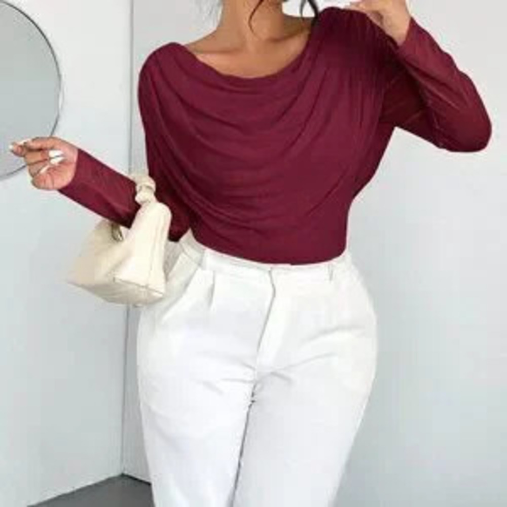 ZARA Red Violet Casual Women's Elegant Plunging Long Sleeve Mesh Blouse